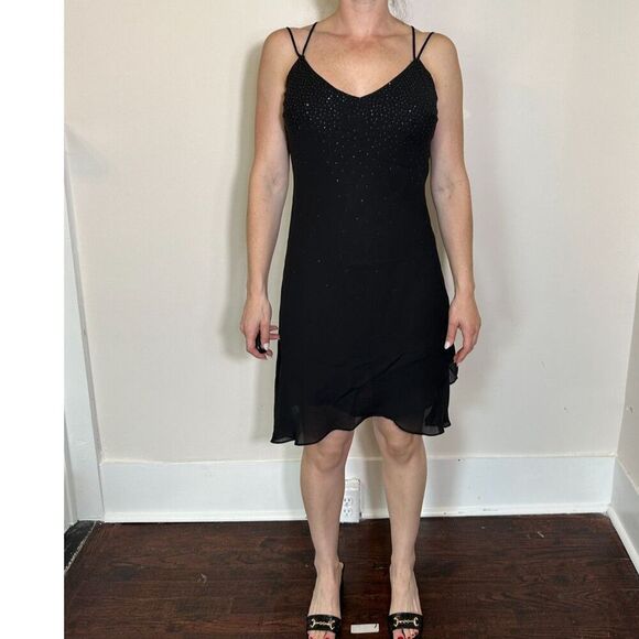 Vintage Open Back Made in USA Black Sparkly Dress Size Large - Picture 2 of 6